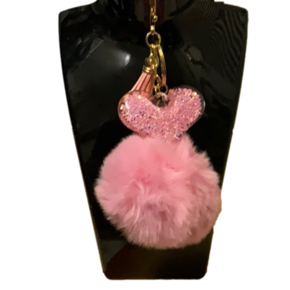 None Other - Pink faux fur Pom with sequined heart and tassel Keychain/ purse charm